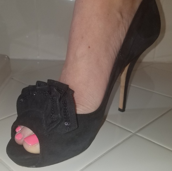 Kate Spade black suede peep toe heels - Picture 3 of 7